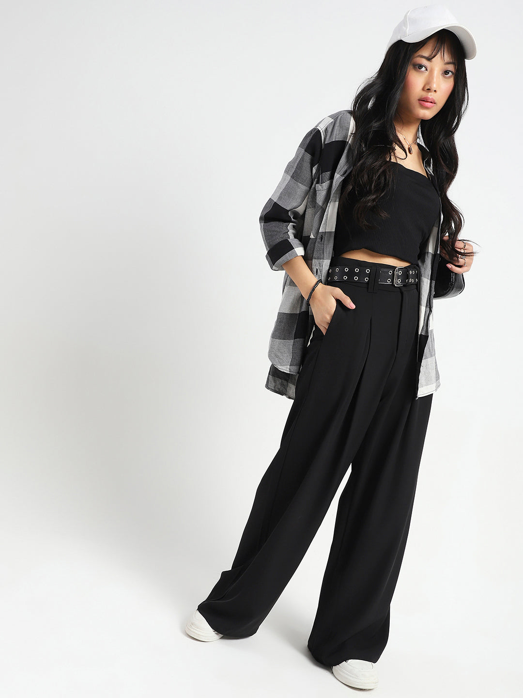 Korean High Rise Pleated Wide Leg Trouser with Belt