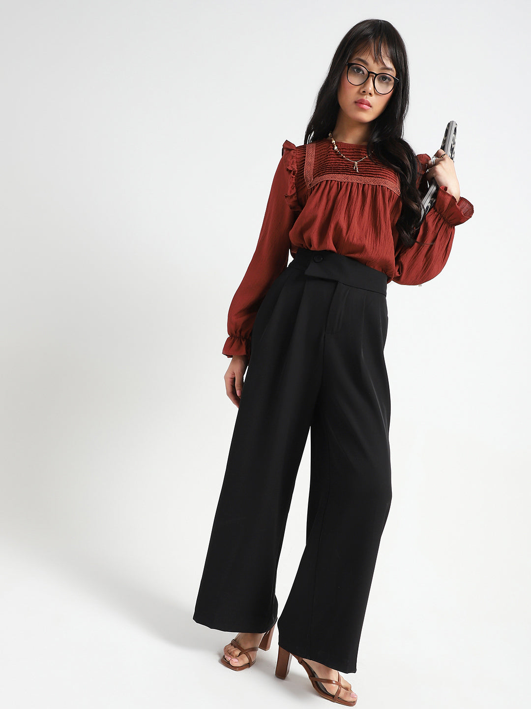 Rust Pleated Yoke Ruffle Top