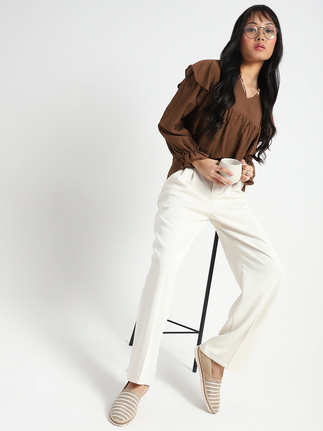 Brown Cotton Nylon Ruffle Top