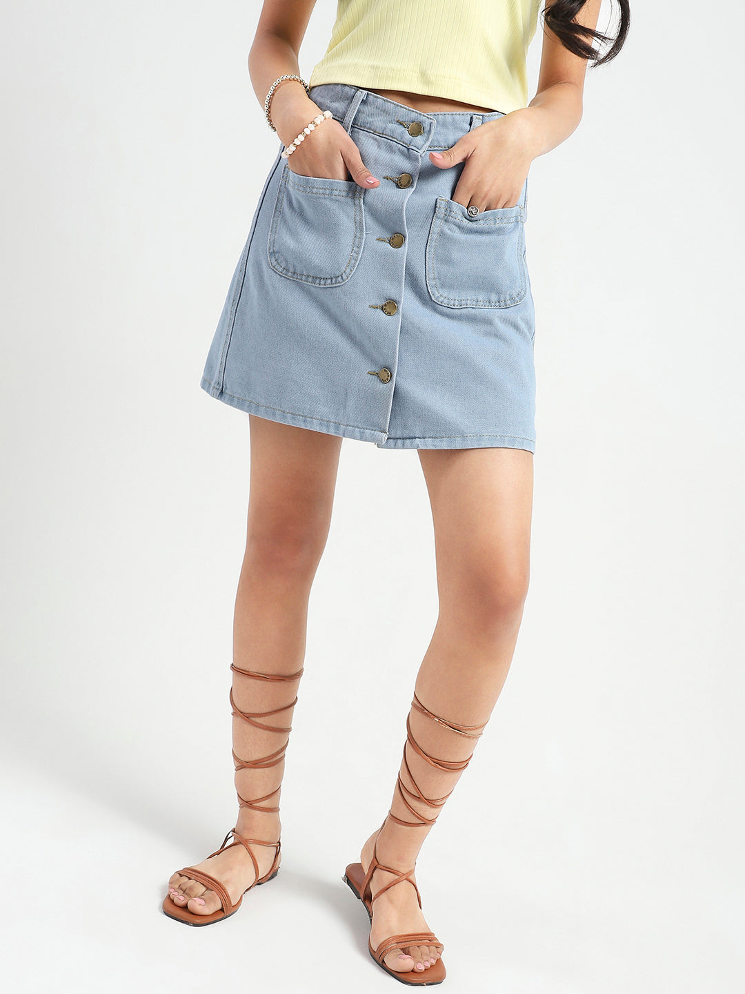 Stylish Button Front Denim Mini Skirt