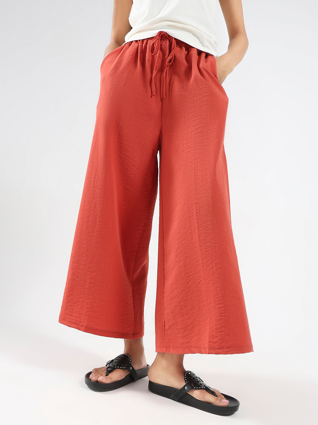 Rust Cotton Nylon Wide Leg Casual Trouser