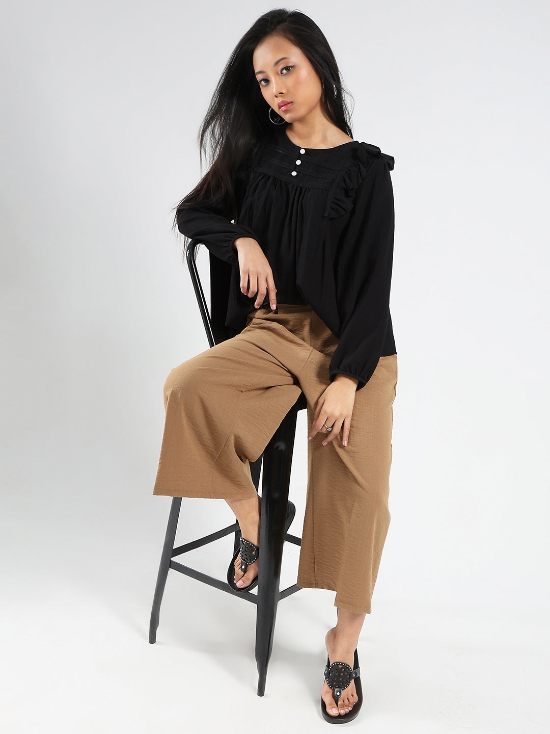Black Cotton Nylon Ruffled Button-Front Top