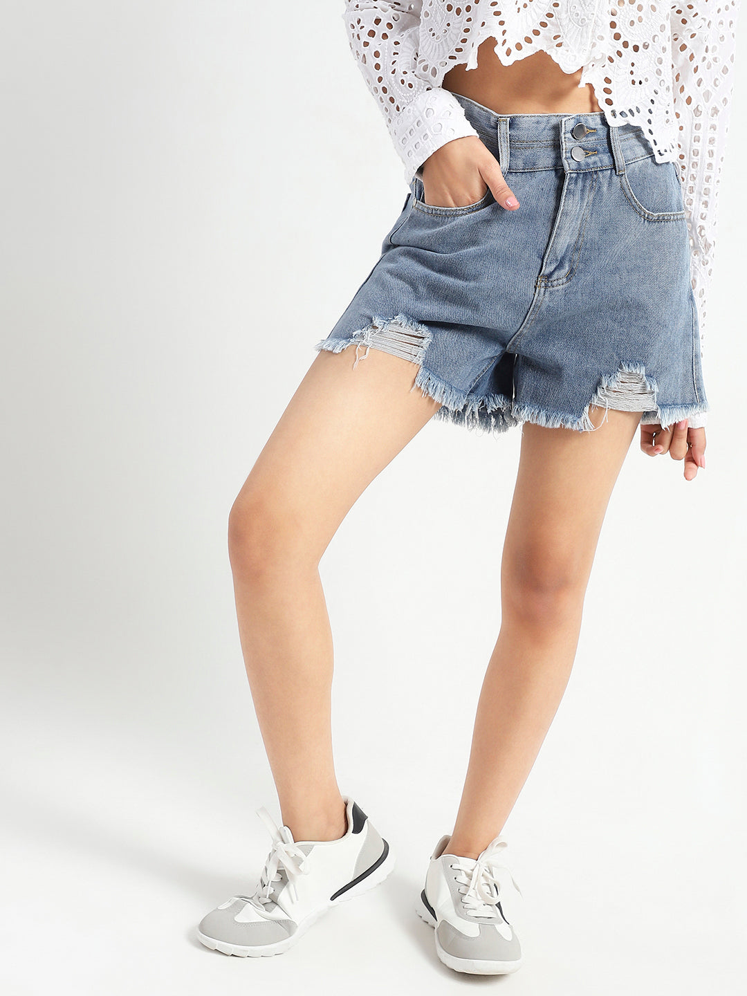 High Rise Distressed Denim Shorts