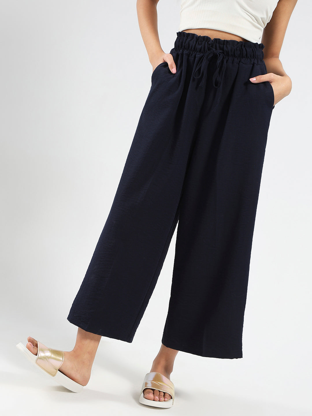 Navy Blue Cotton Nylon Wide Leg Casual Trouser