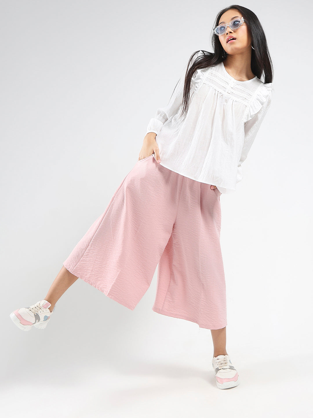 White Cotton Nylon Ruffled Button-Front Top