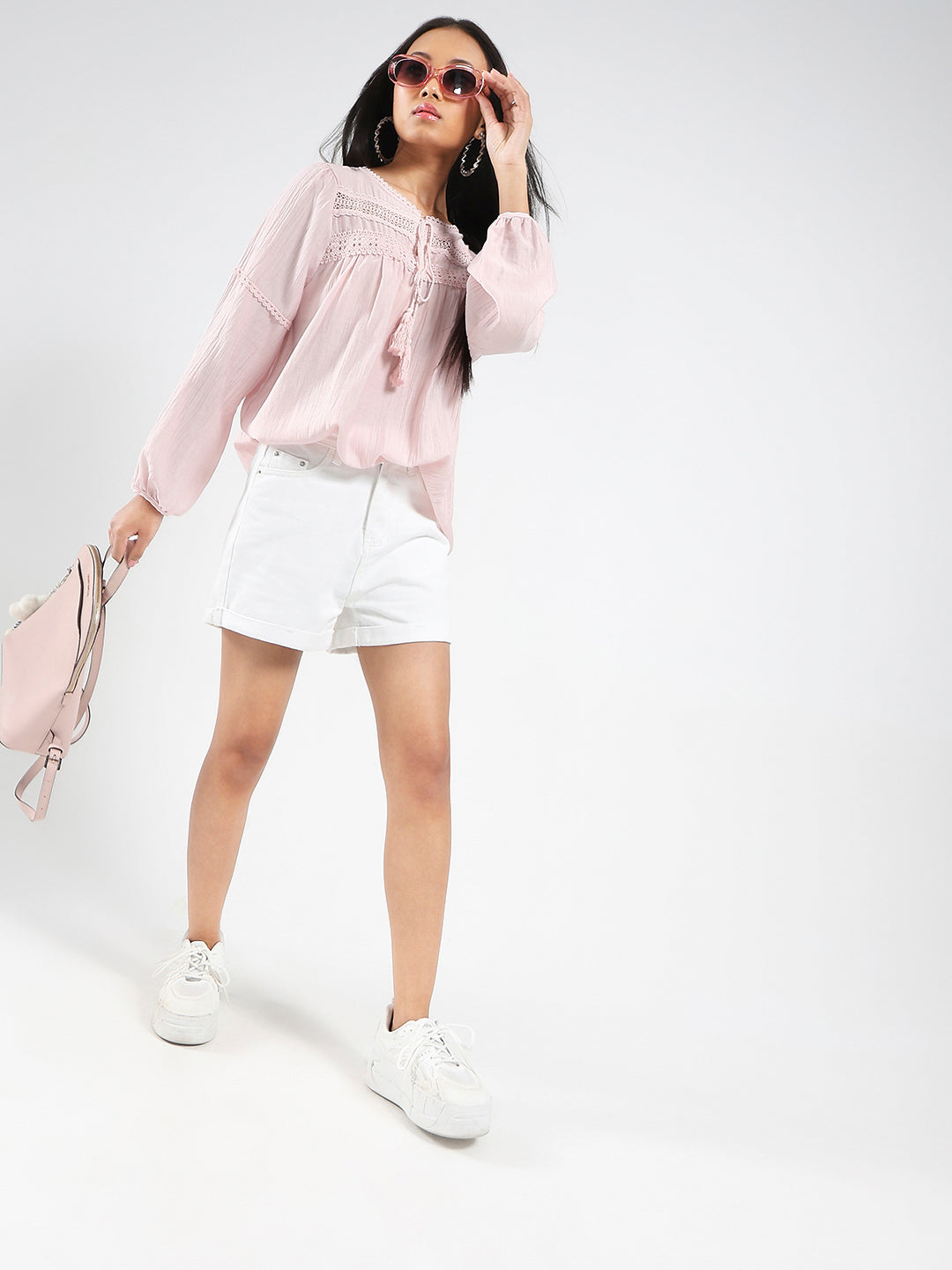 Pink Boho Chic Top with Lace and Tassel Tie up