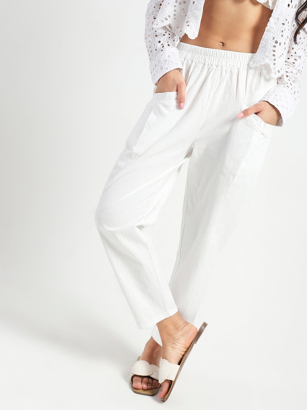 White Cotton Nylon Stylish Casual Trouser