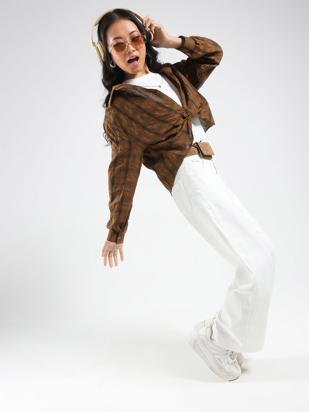 Brown Checkered Oversized Shirt with tank top and necklace