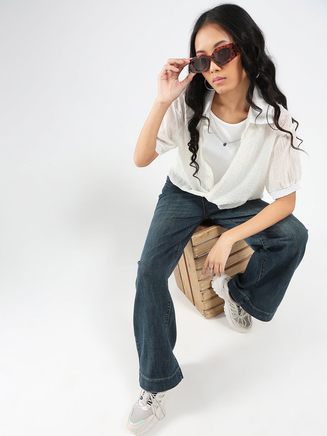 Oversized Studded Shirt Shirt with tank top and Necklace