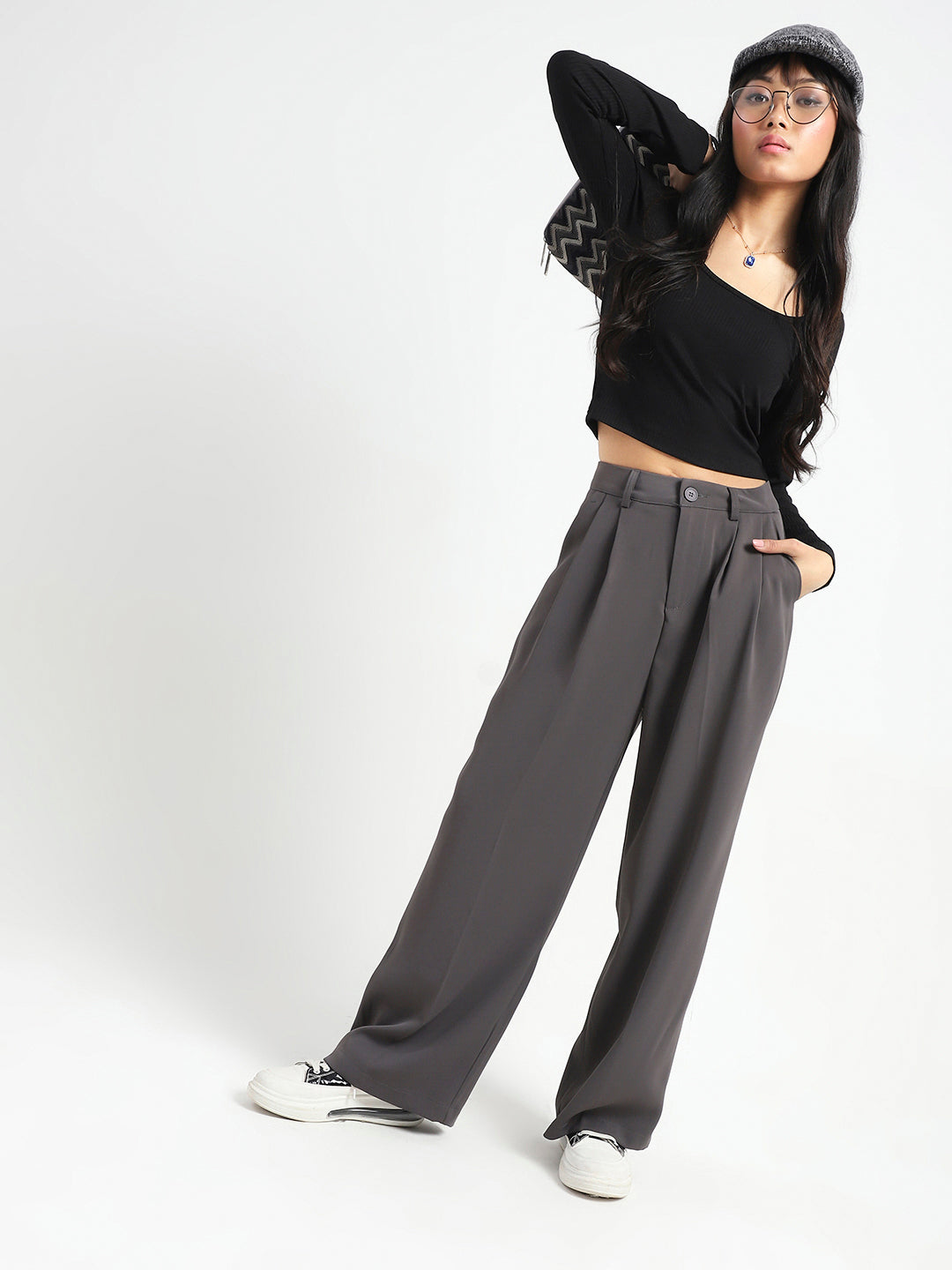 Korean High Rise Pleated Wide Leg Trouser with Belt