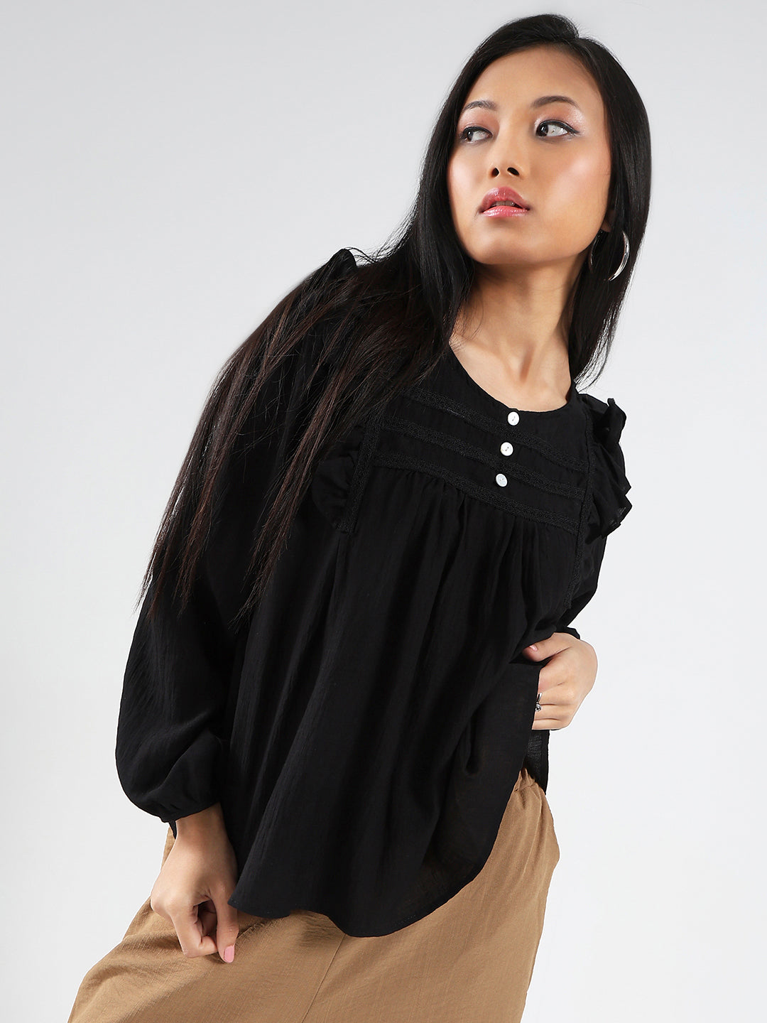 Black Cotton Nylon Ruffled Button-Front Top