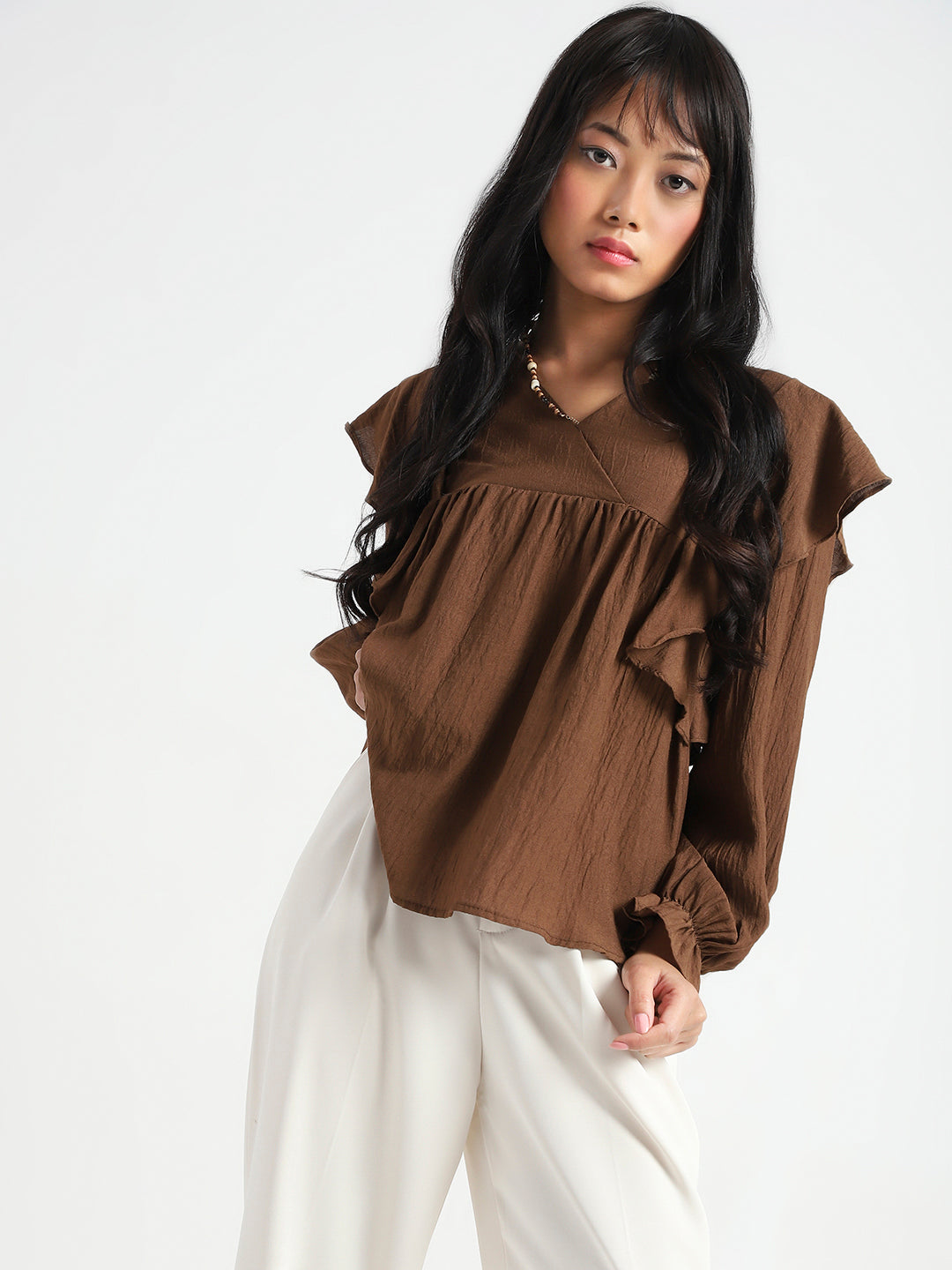 Brown Cotton Nylon Ruffle Top