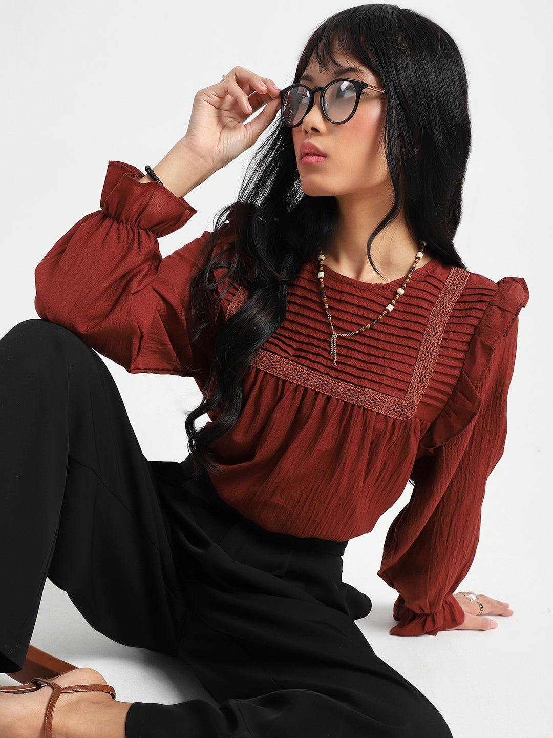 Rust Pleated Yoke Ruffle Top
