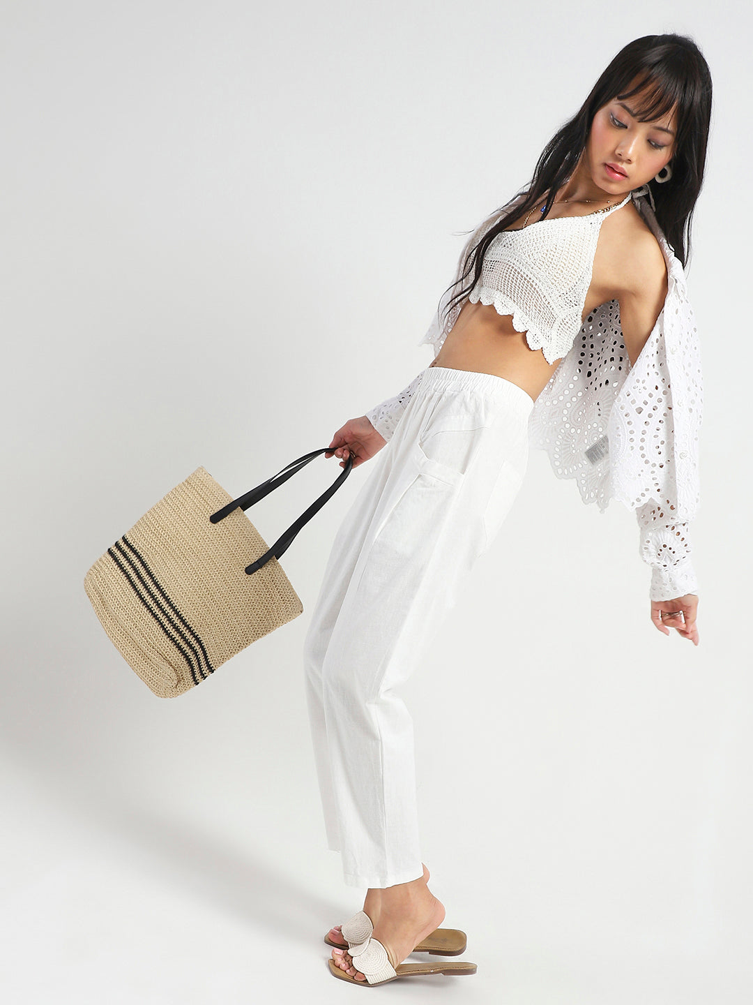 White Cotton Nylon Stylish Casual Trouser