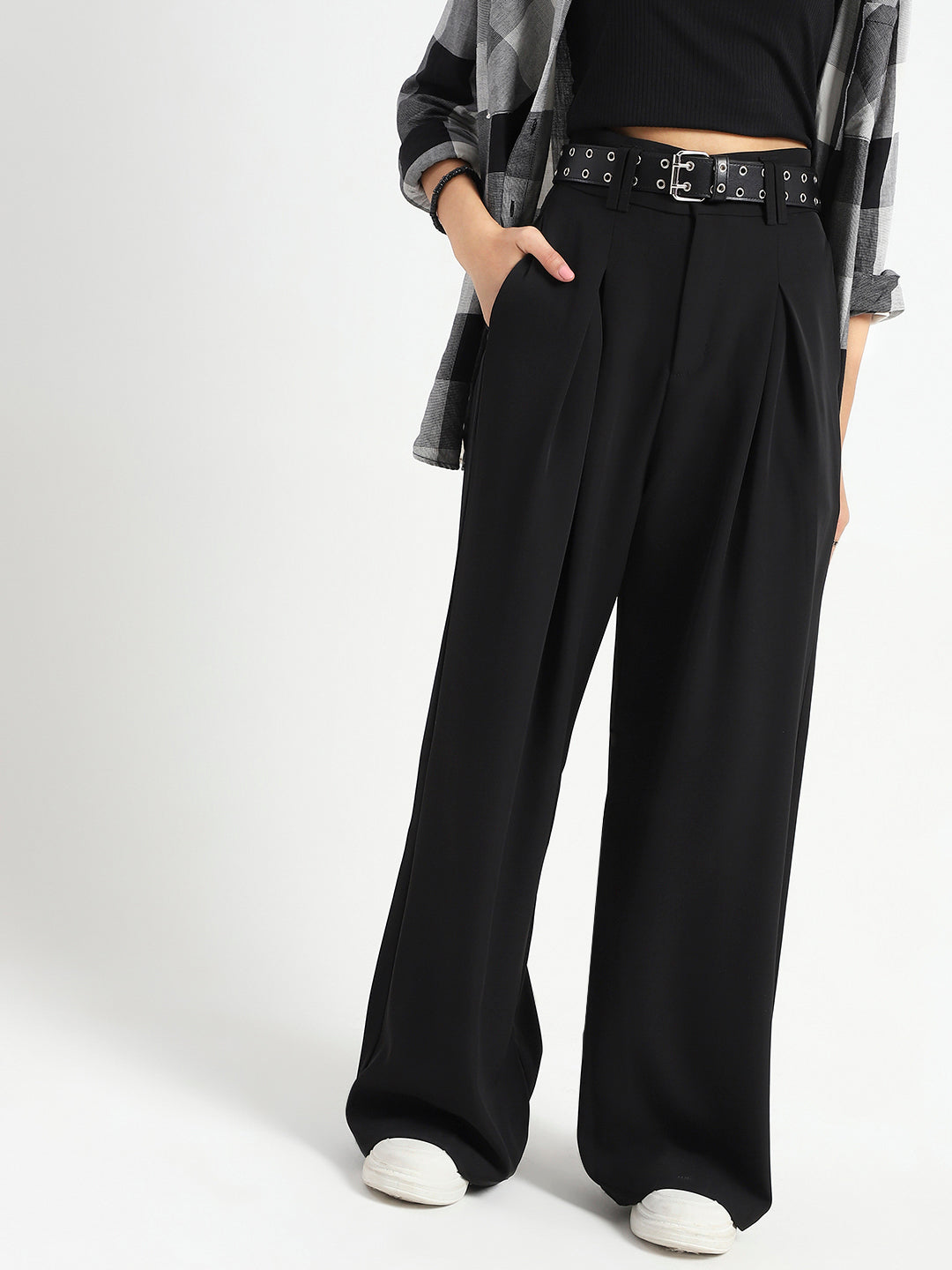 Korean High Rise Pleated Wide Leg Trouser with Belt