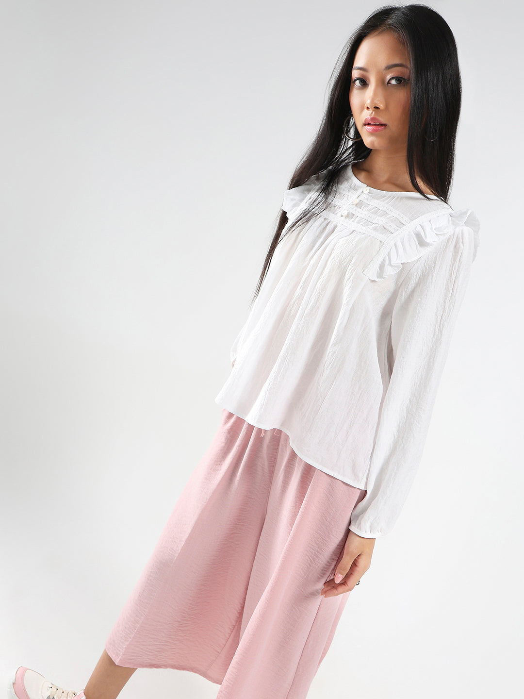 White Cotton Nylon Ruffled Button-Front Top