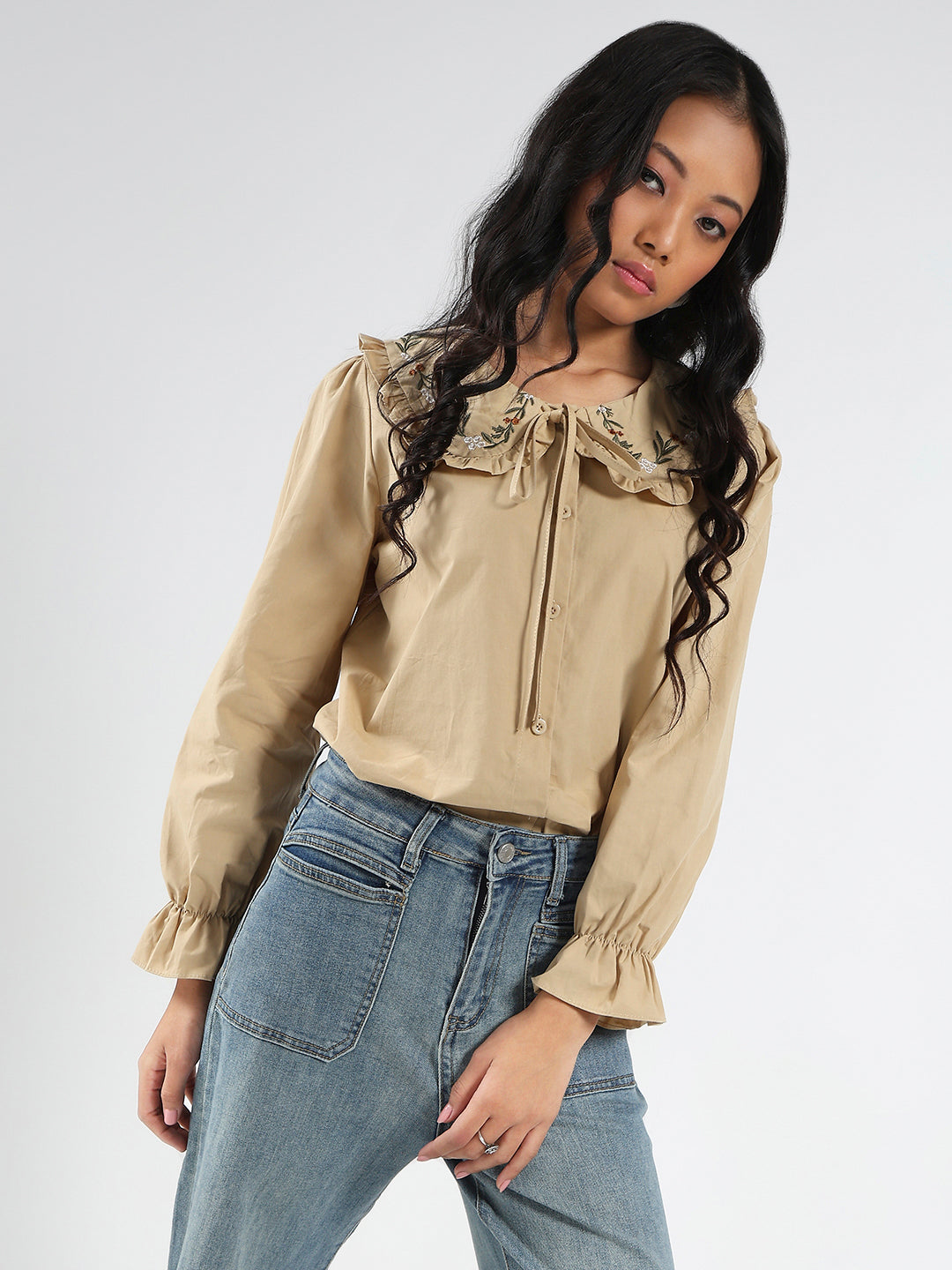 Beige Embriodered Peter Pan Collar OverSize Shirt with Floral Lace