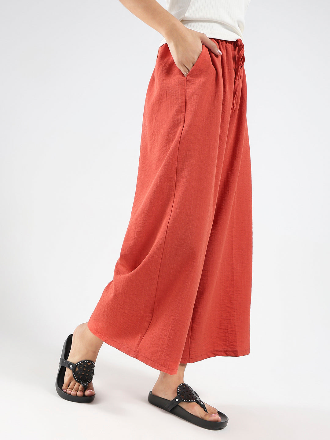 Rust Cotton Nylon Wide Leg Casual Trouser