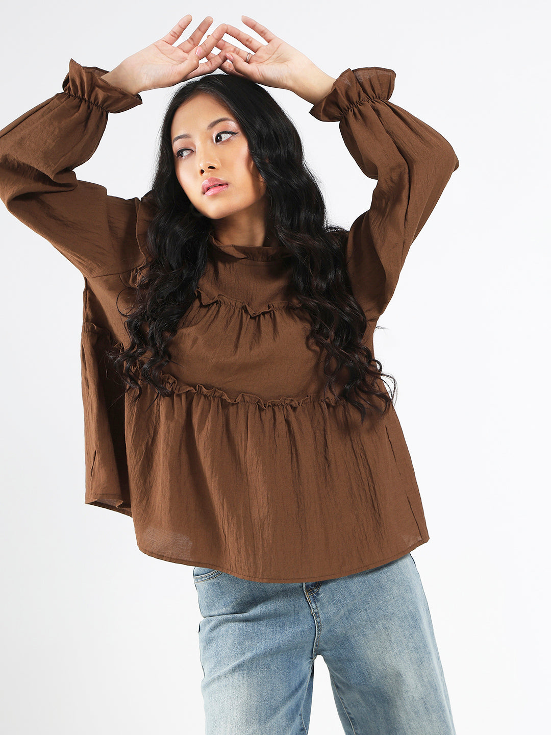 Dark Brown Ruffled Tiered Long Sleeve Flowy Top