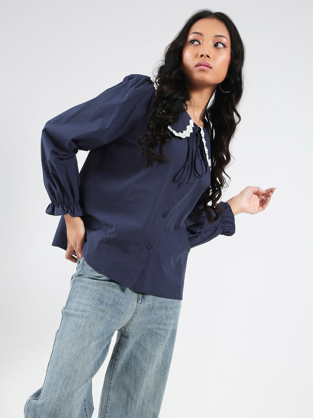 Navy Peter Pan Collar OverSize Shirt with Floral Lace