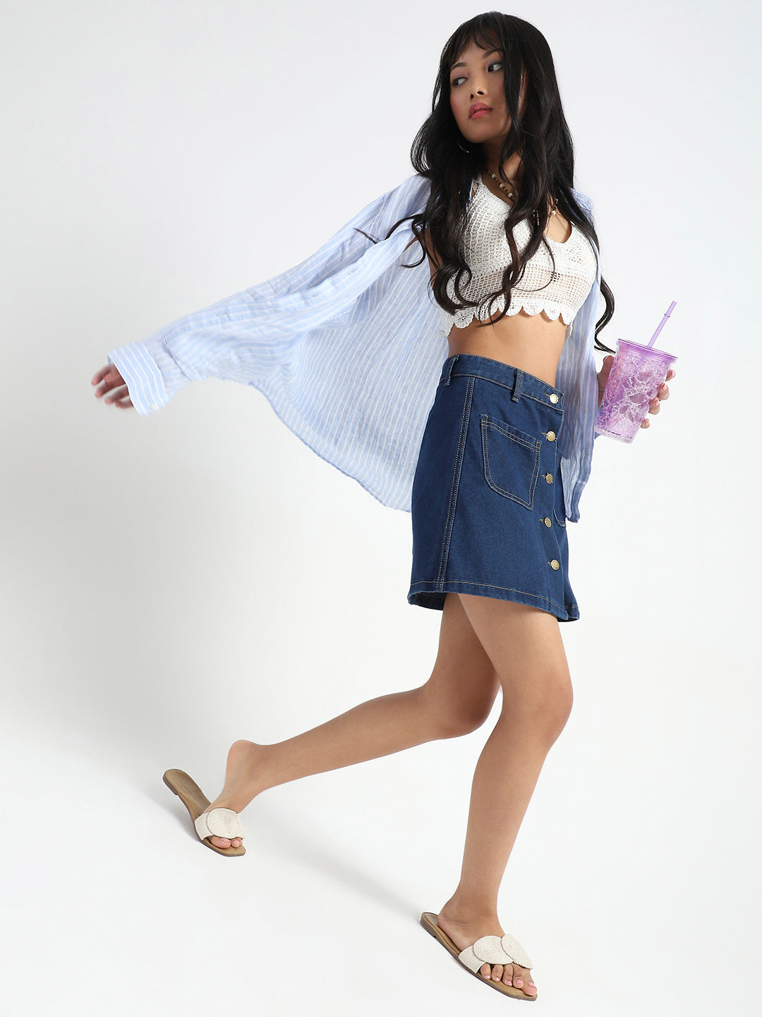 Stylish Button Front Denim Mini Skirt