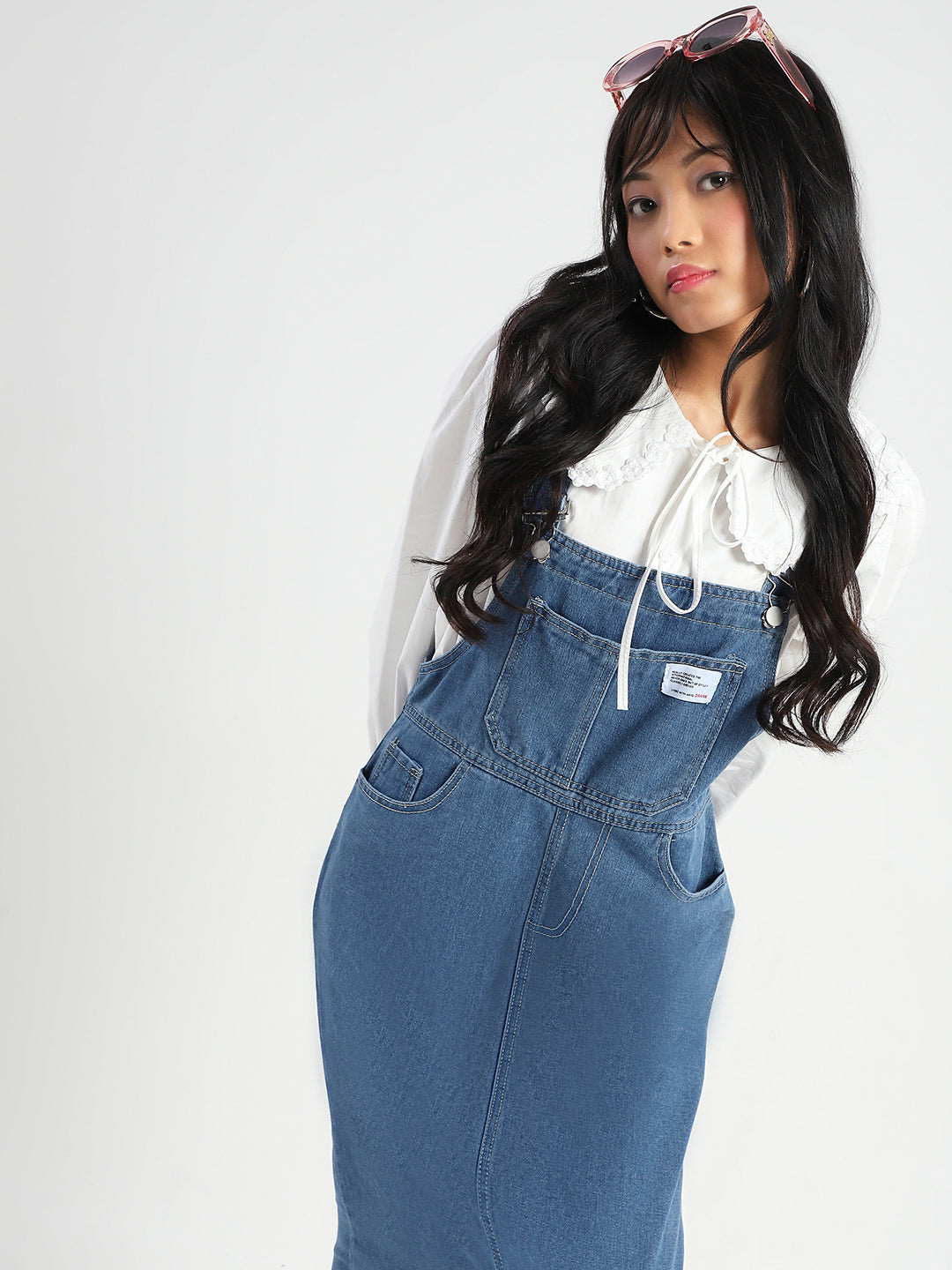 Women Navy Blue back slit Midi Dungaree