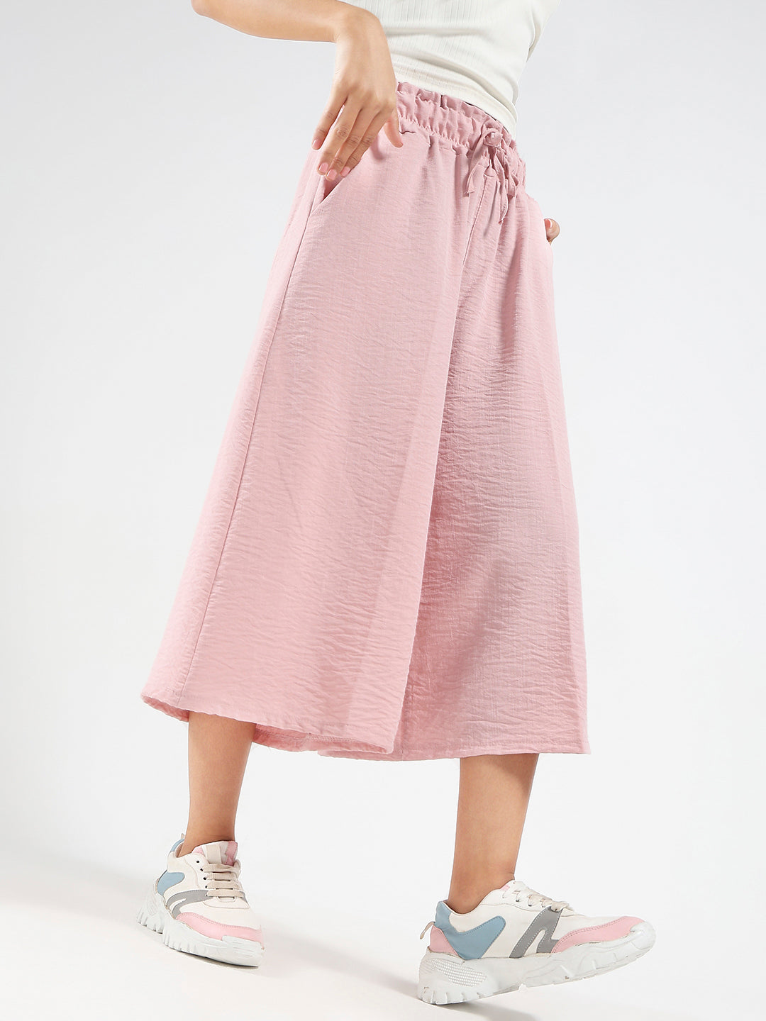 Pink Cotton Nylon Wide-Leg High-Waist Capris