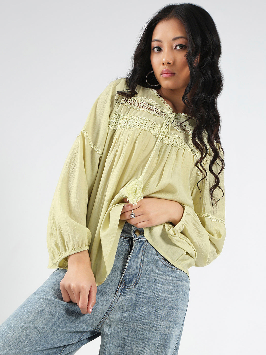 Lime Green Boho Chic Top with Lace and Tassel Tie up