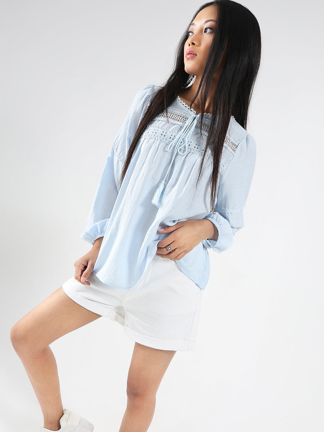 Light Blue Boho Chic Top with Lace and Tassel Tie up