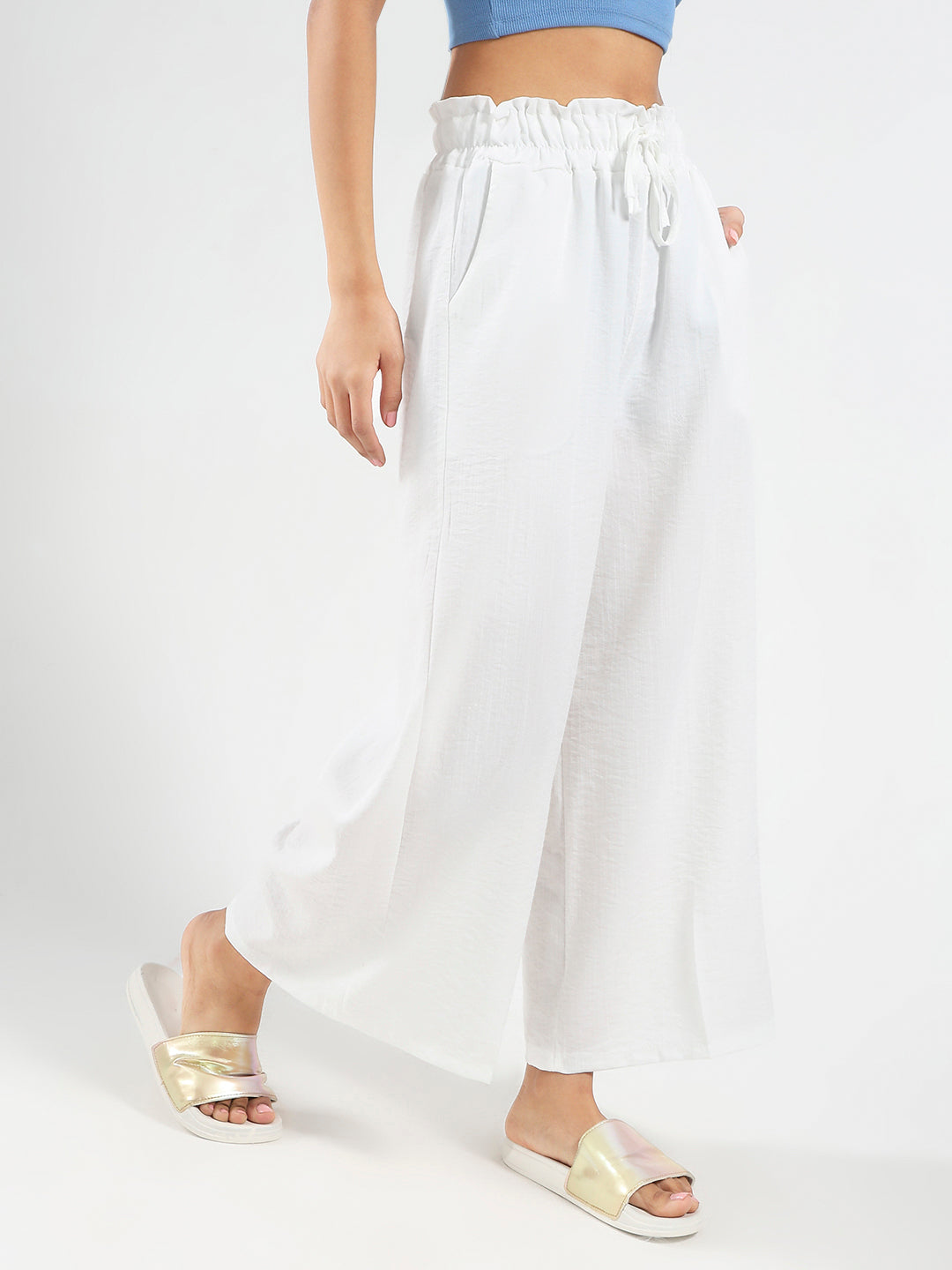 White Cotton Nylon Wide Leg Casual Trouser