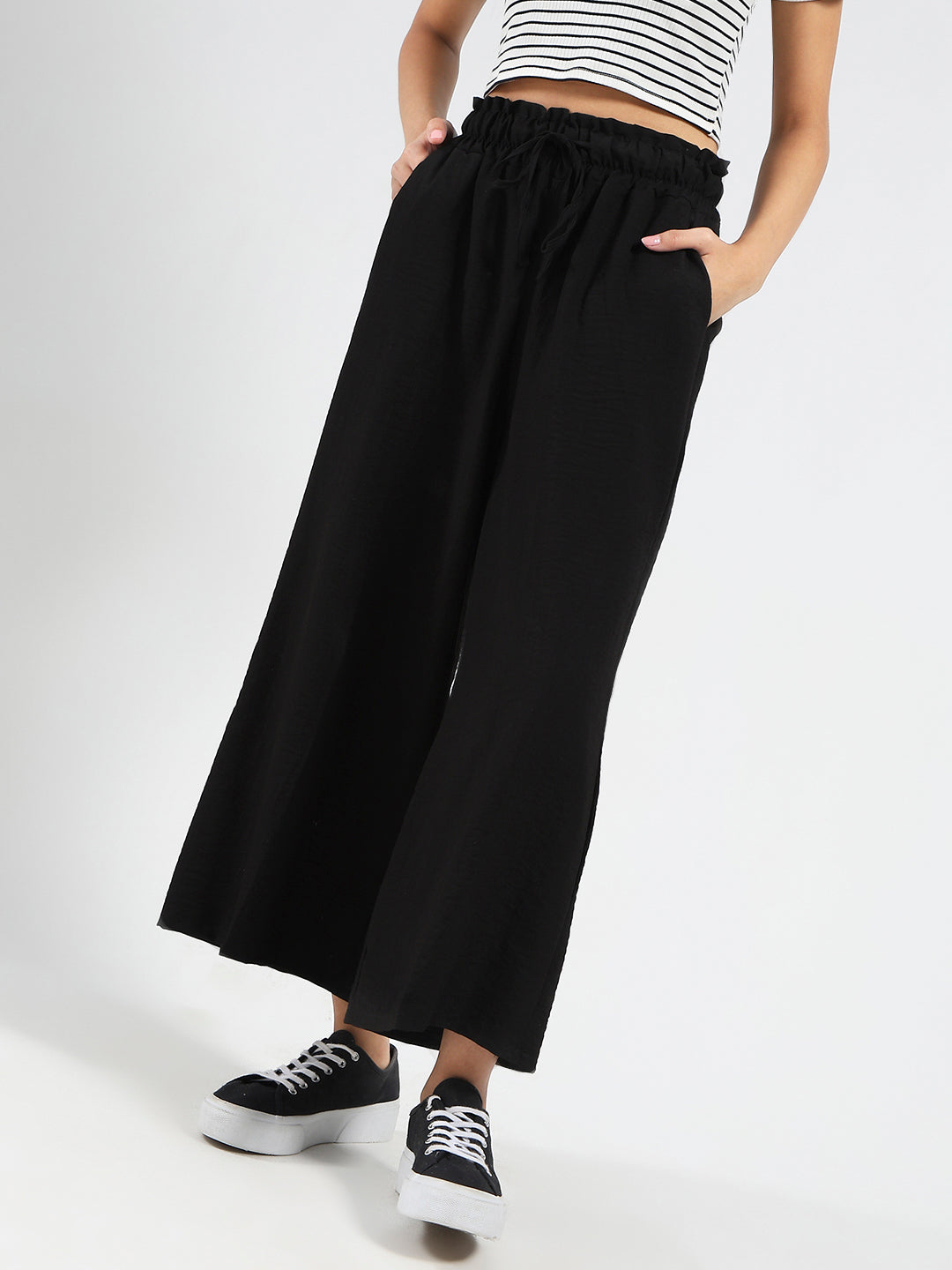 Black Cotton Nylon Wide Leg Casual Trouser