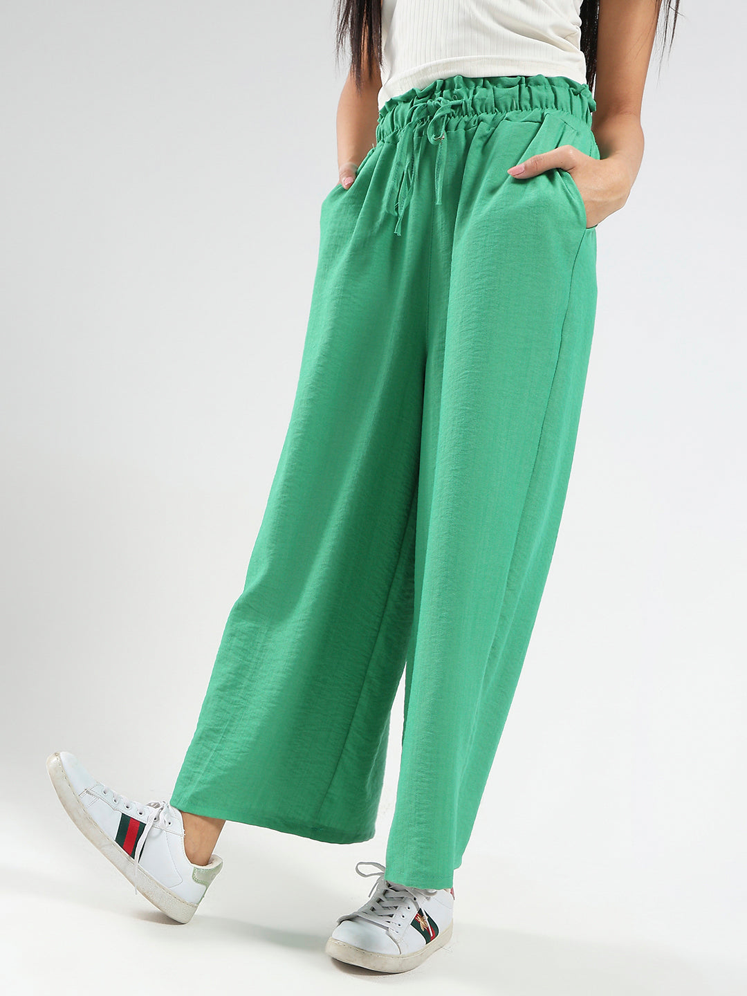 Green Cotton Nylon Wide Leg Casual Trouser
