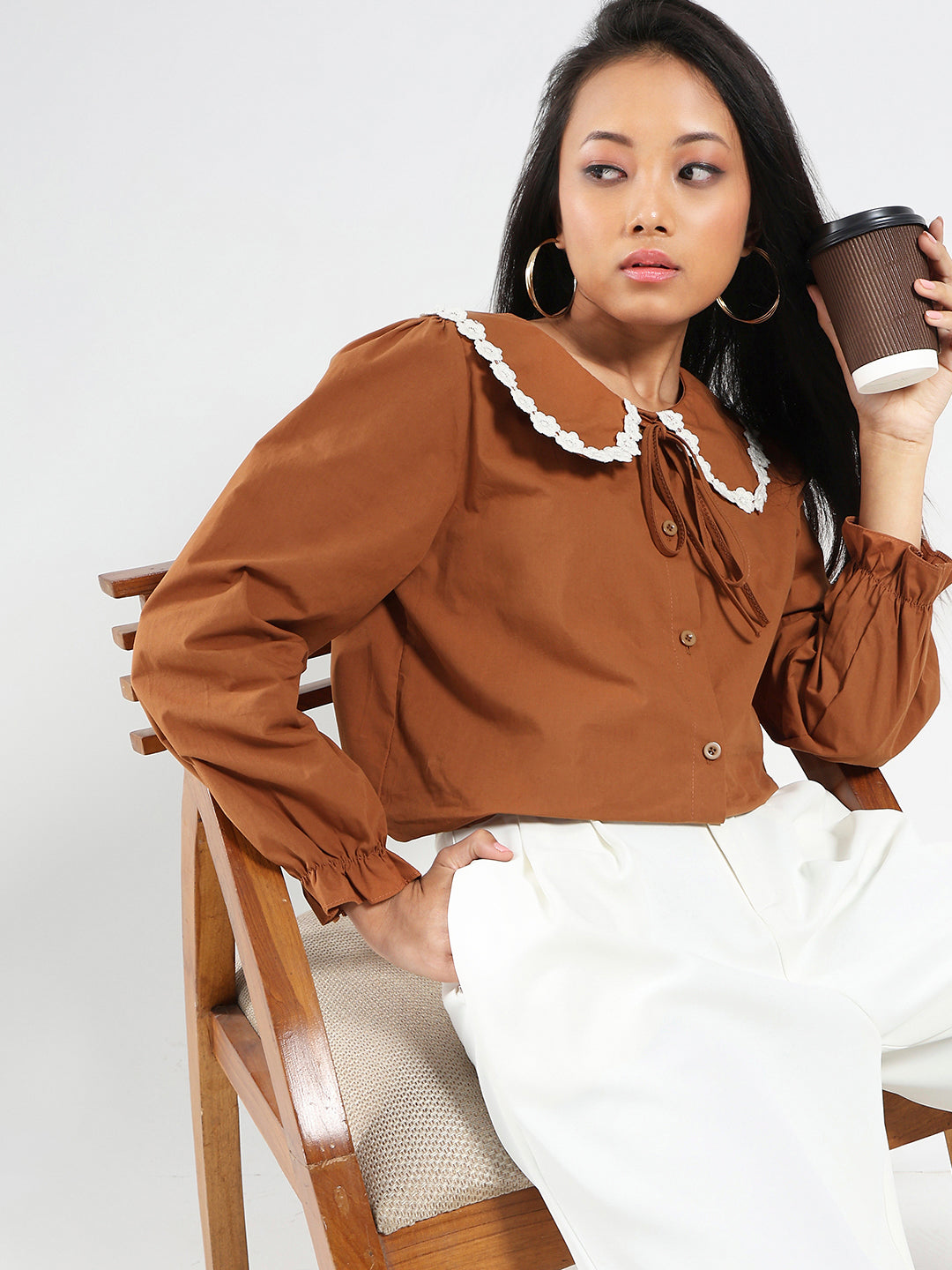 Brown Peter Pan Collar OverSize Shirt with Floral Lace
