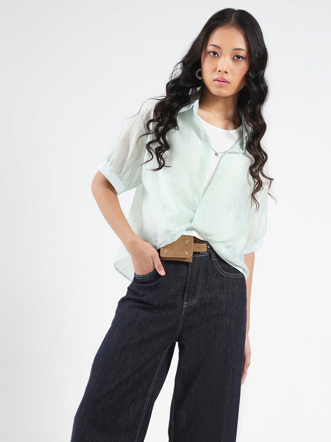 Tencel Nylon Studded Oversized Shirt with tank top and necklace