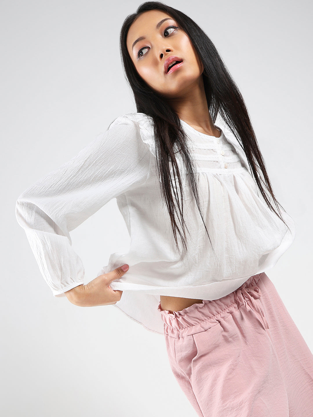 White Cotton Nylon Ruffled Button-Front Top