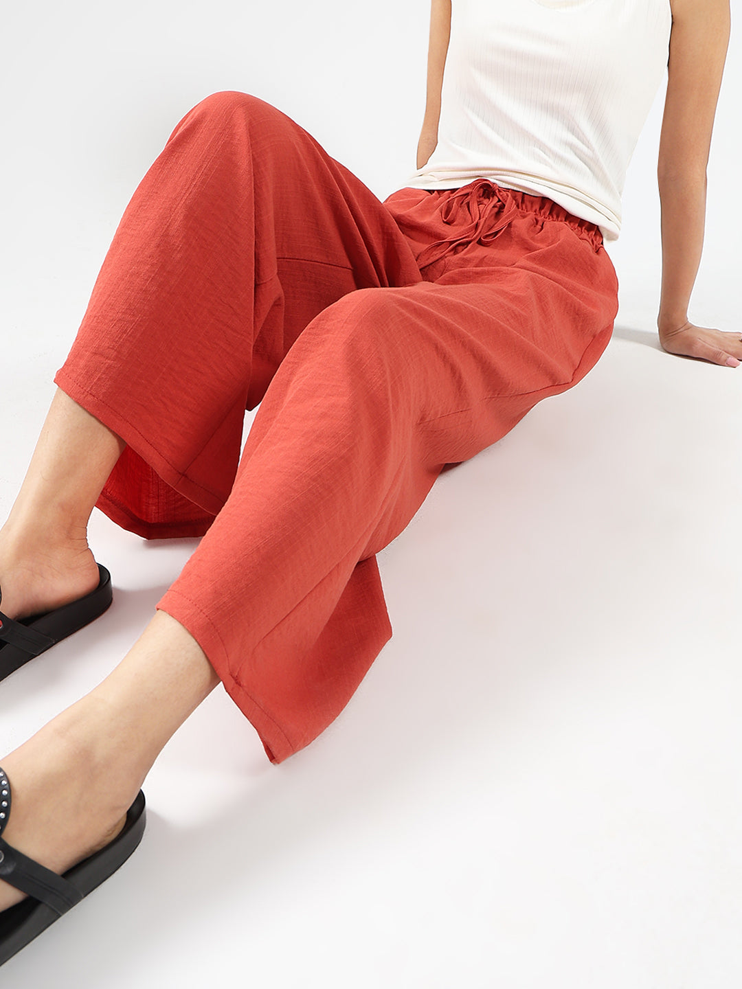 Rust Cotton Nylon Wide Leg Casual Trouser