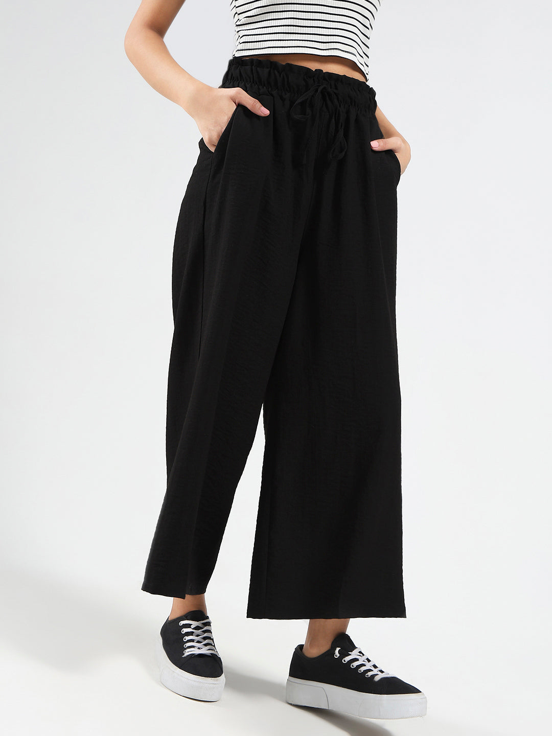 Black Cotton Nylon Wide Leg Casual Trouser