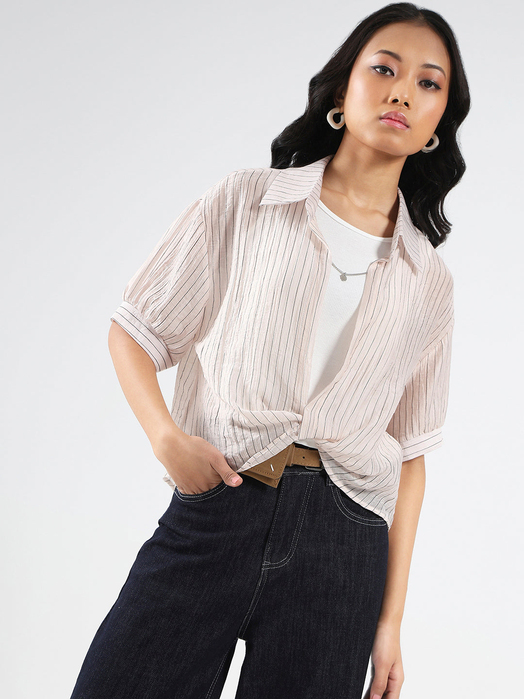 Blush Pink Striped  Oversized Top with inner tank top and necklace