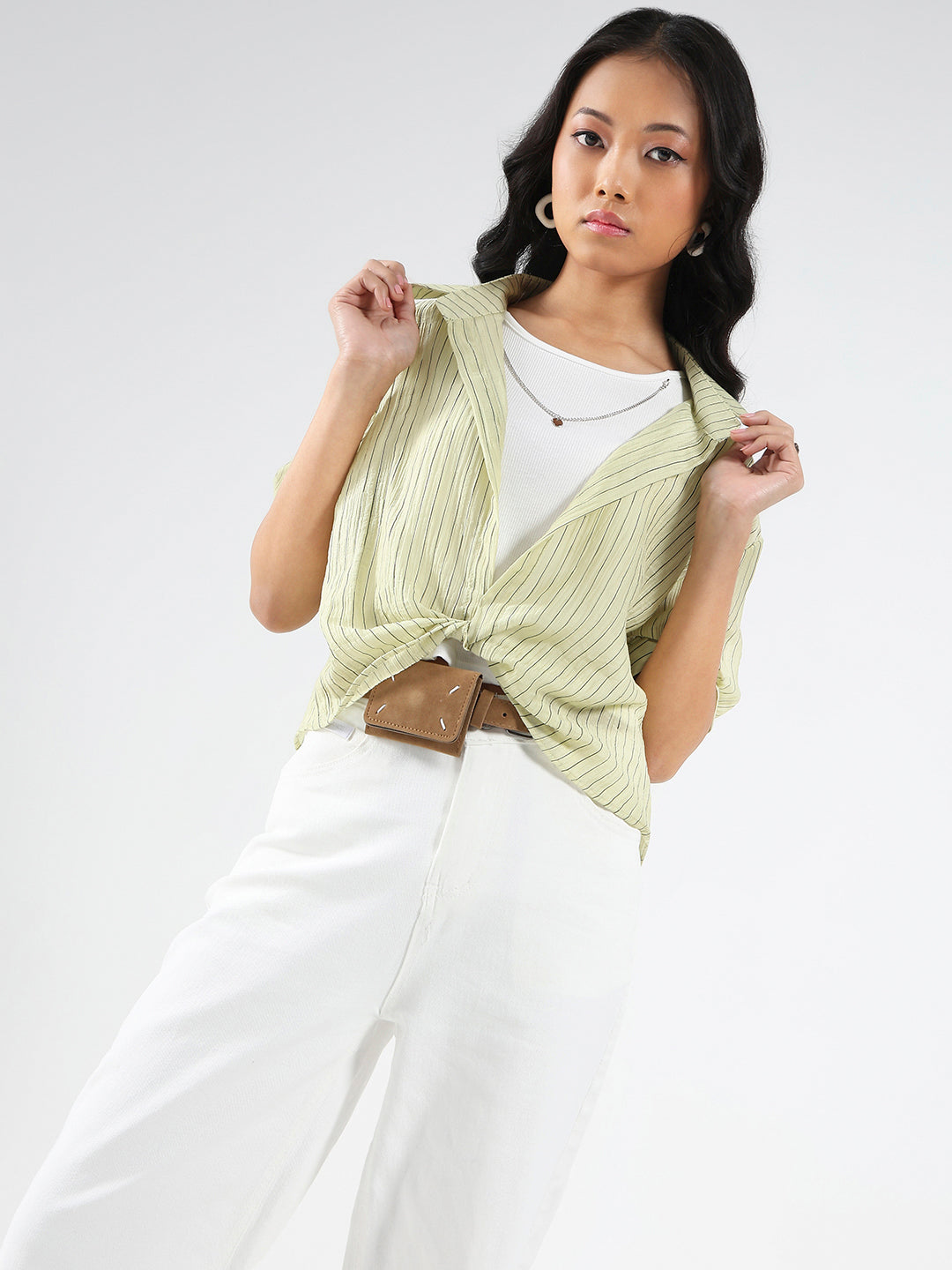 Light Green Striped Oversized Top with inner tank top and necklace