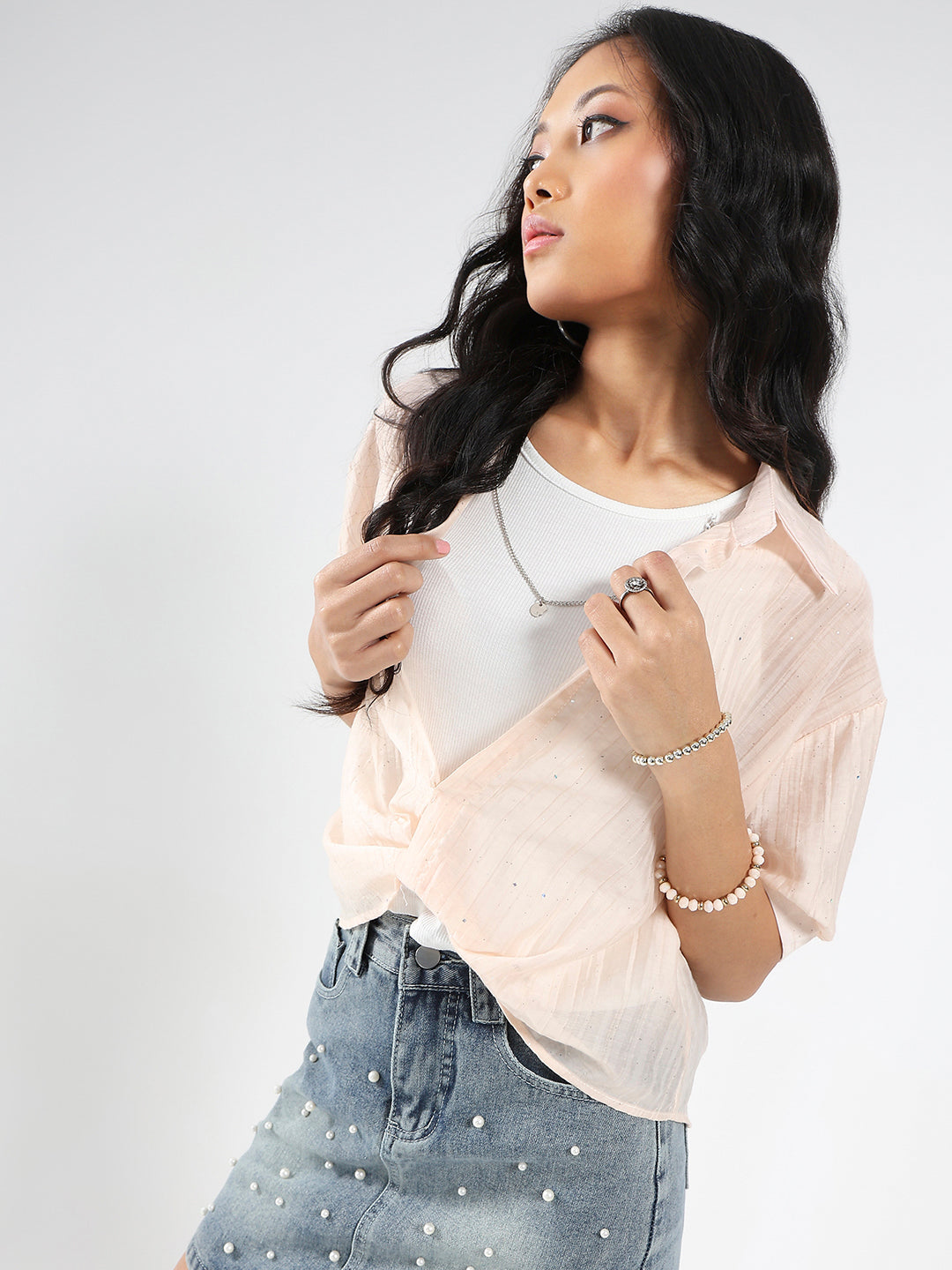 Tencel Nylon Studded Oversized Shirt with tank top and necklace