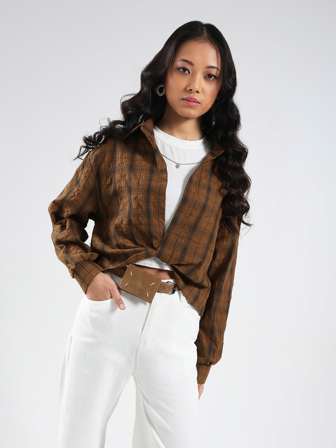 Brown Checkered Oversized Shirt with tank top and necklace