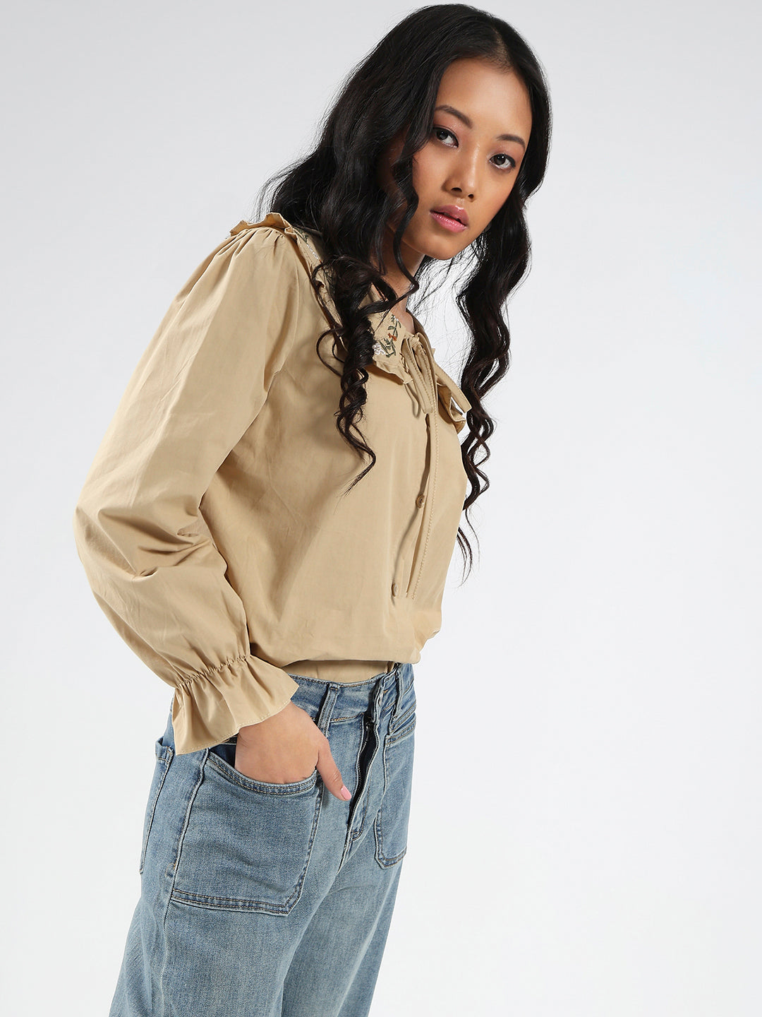 Beige Embriodered Peter Pan Collar OverSize Shirt with Floral Lace