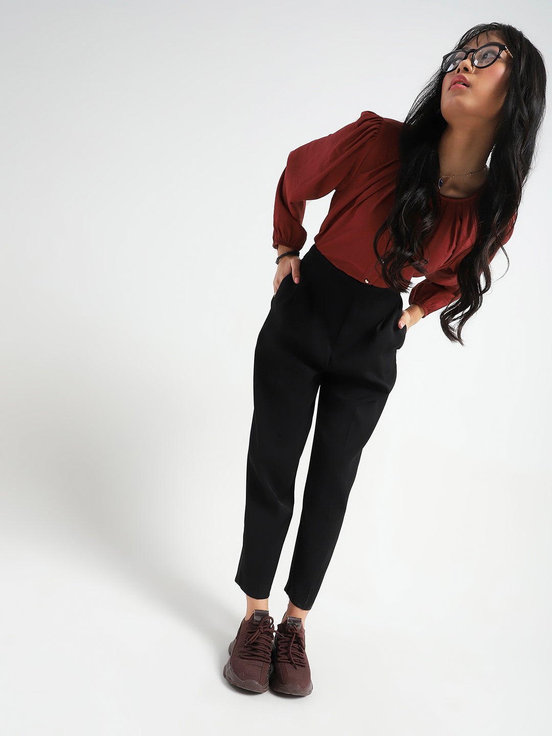 Rust Cotton Nylon Puff Sleeve Top