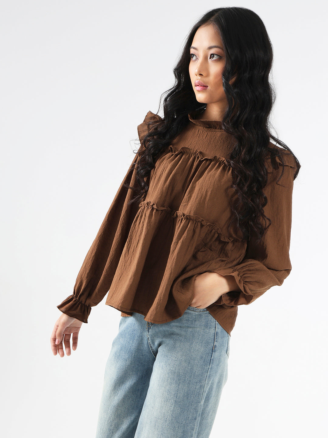 Dark Brown Ruffled Tiered Long Sleeve Flowy Top