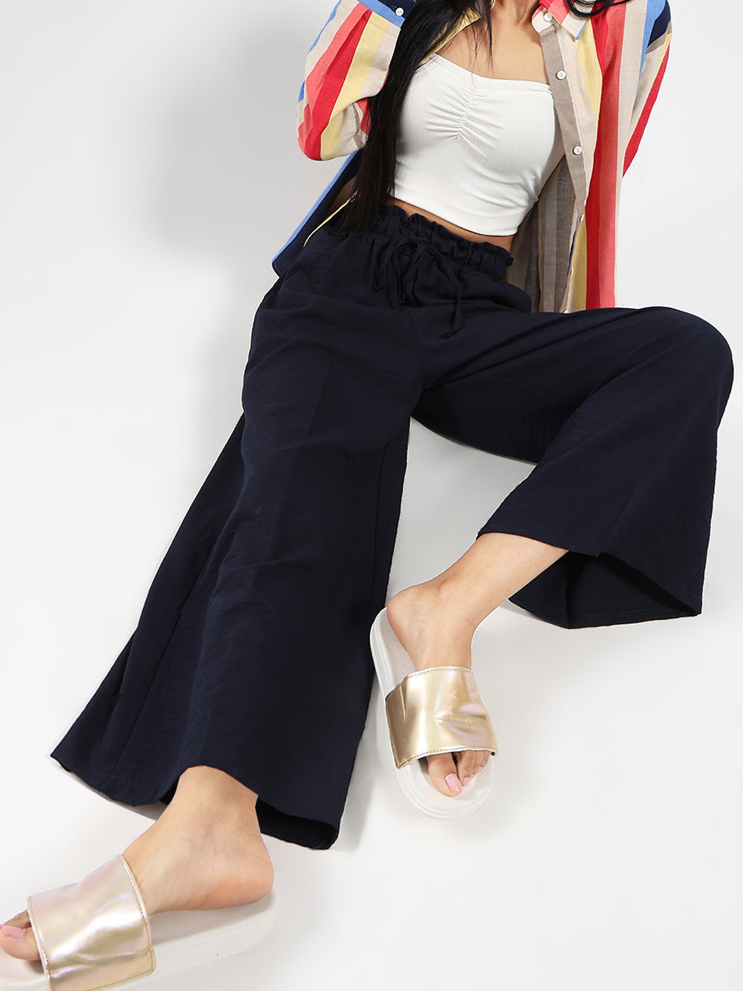 Navy Blue Cotton Nylon Wide Leg Casual Trouser