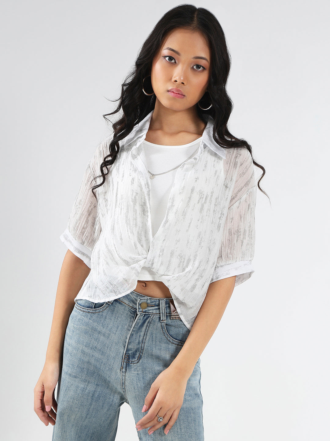 White Tencel Nylon Oversized Shirt with tank top and Necklace