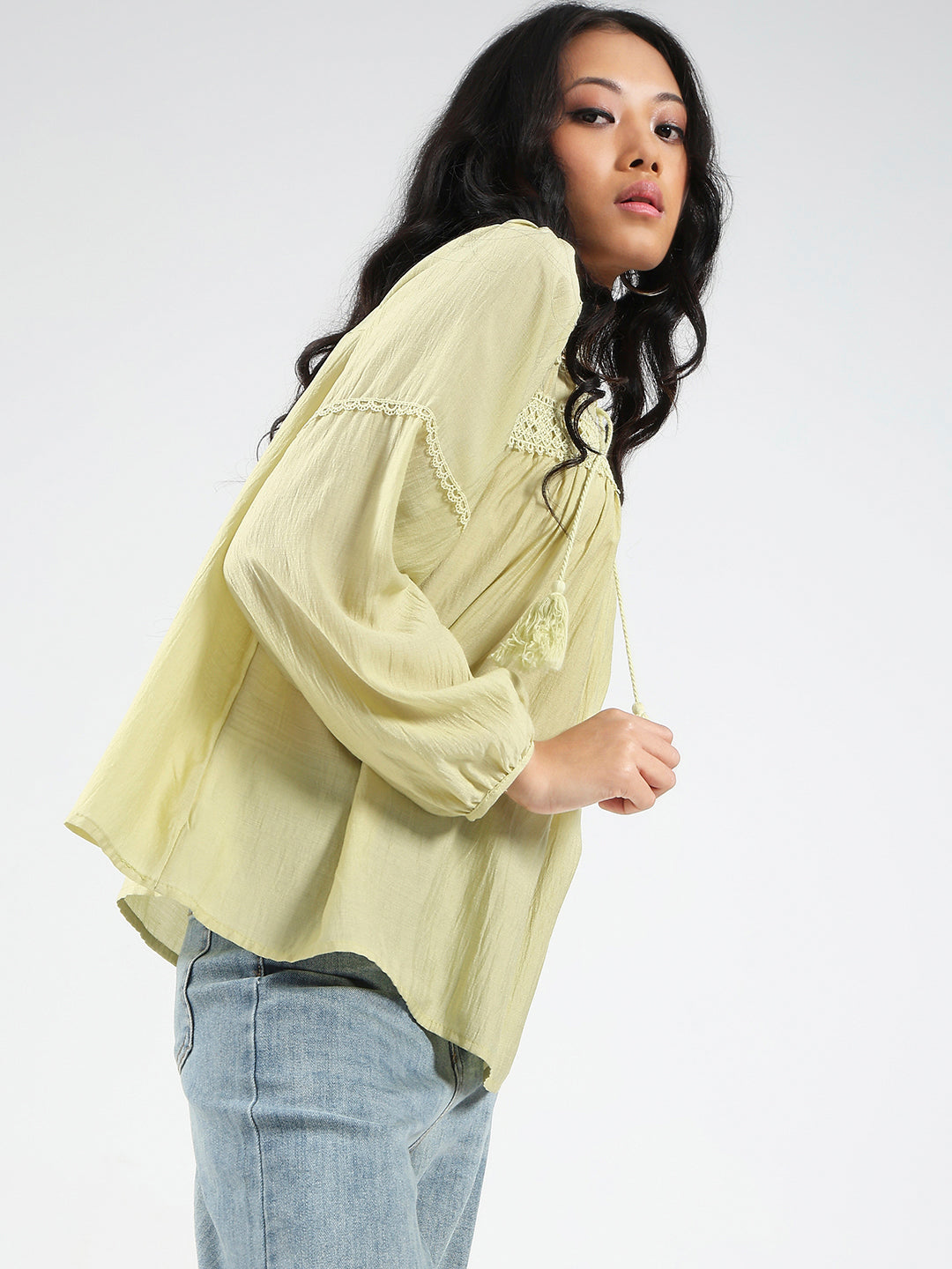 Lime Green Boho Chic Top with Lace and Tassel Tie up