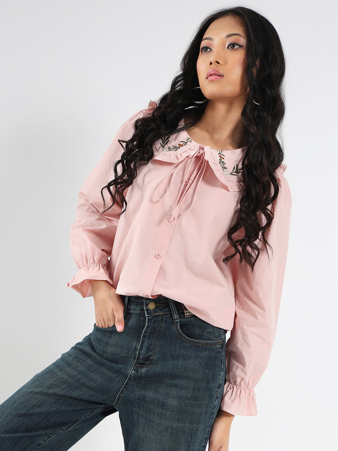 Pink Embriodered Peter Pan Collar OverSize Shirt with Floral Lace