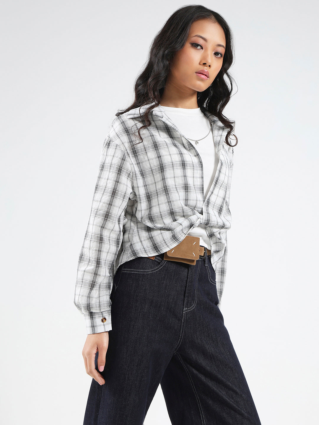 White Grey Checkered Oversized Shirt with tank top and necklace