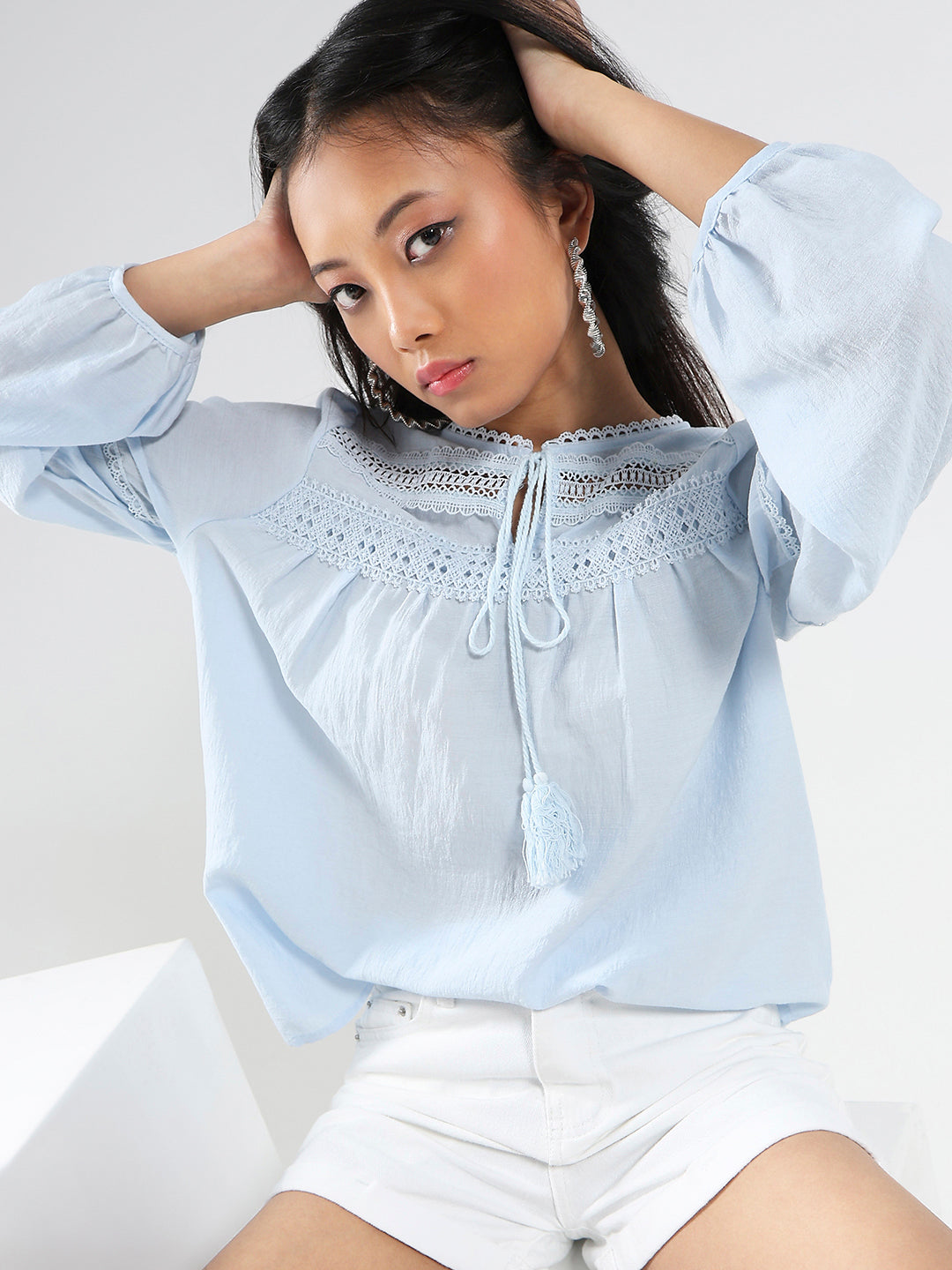 Light Blue Boho Chic Top with Lace and Tassel Tie up